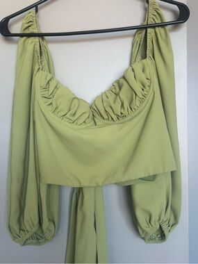 ISALIS Sage Green Balloon Sleeve Tie-Front Crop Top Medium